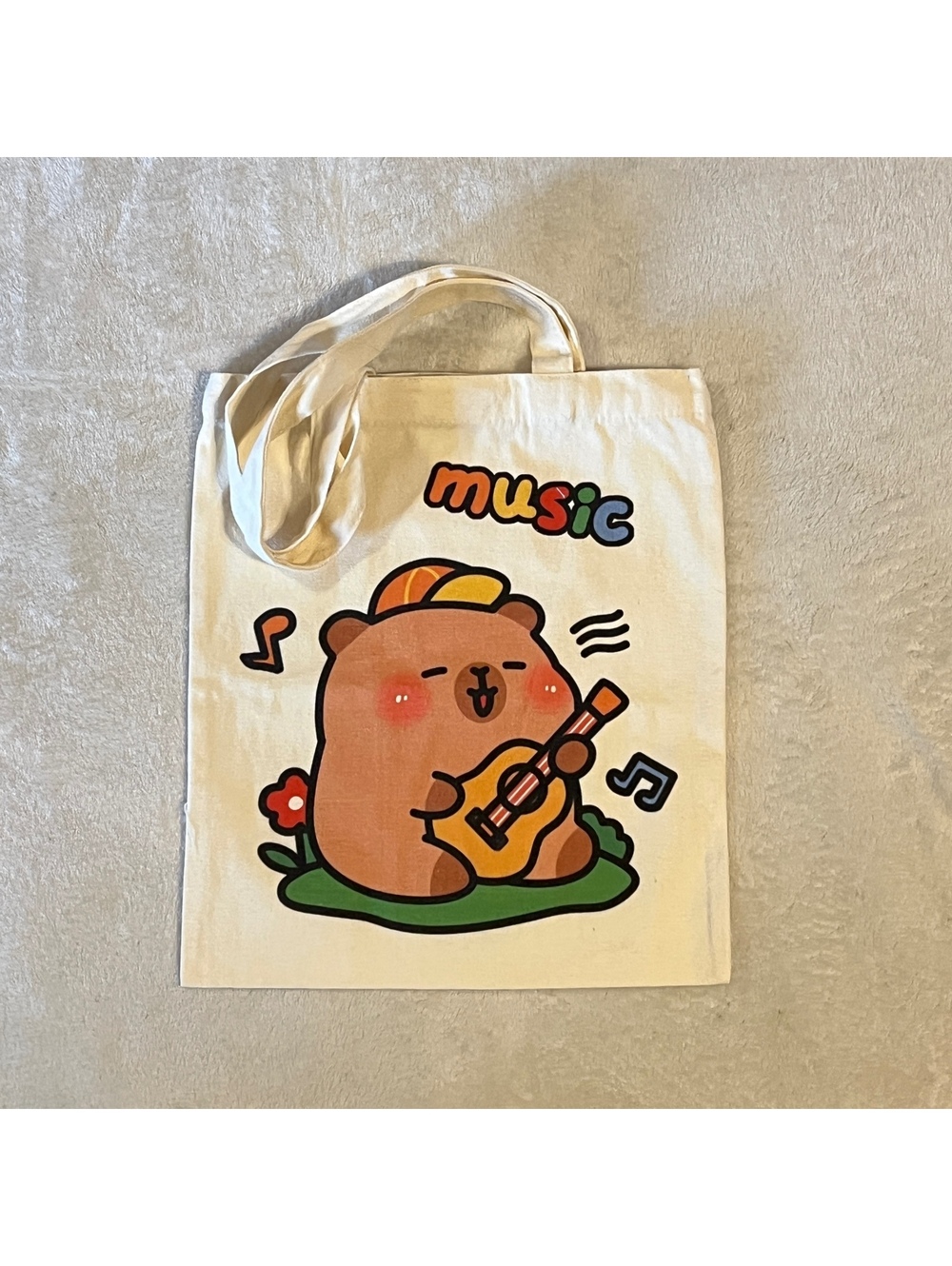 Capybara music print canvas tote bag